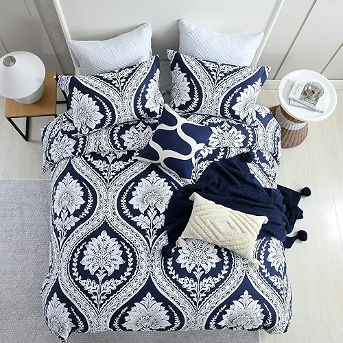 Miniatura 5 de CozyQQ Funda de edredón tamaño King, 400 hilos, 100% algodón, juego de funda de edredón de verano King, suave, ligero, 3 piezas, azul marino,