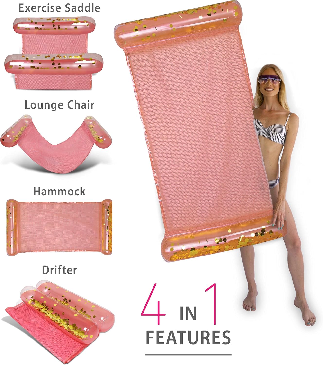 POZA Inflatable Full House Bundle - Premium Luxurious Sparkle Confetti 36" Pool Float Tube, 16" Beach Balls, 74" Pool Noodles, 48" Pool Chair, and 56" Water Hammock - 7 Pieces Pack
