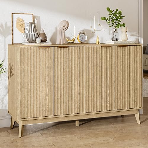 Sideboard Cabinet, 55'' Buffet Cabinet, Modern Fluted Storage Cabinet with Adjustable Shelf & Doors, Accent Credenza Sideboard for Kitchen, Coffee Bar, Living Room, Entryway, Hallway