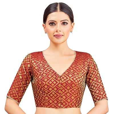 Studio Shringaar Women's Benaras Brocade V-Neck Readymade Saree Blouse (Maroon, 38)