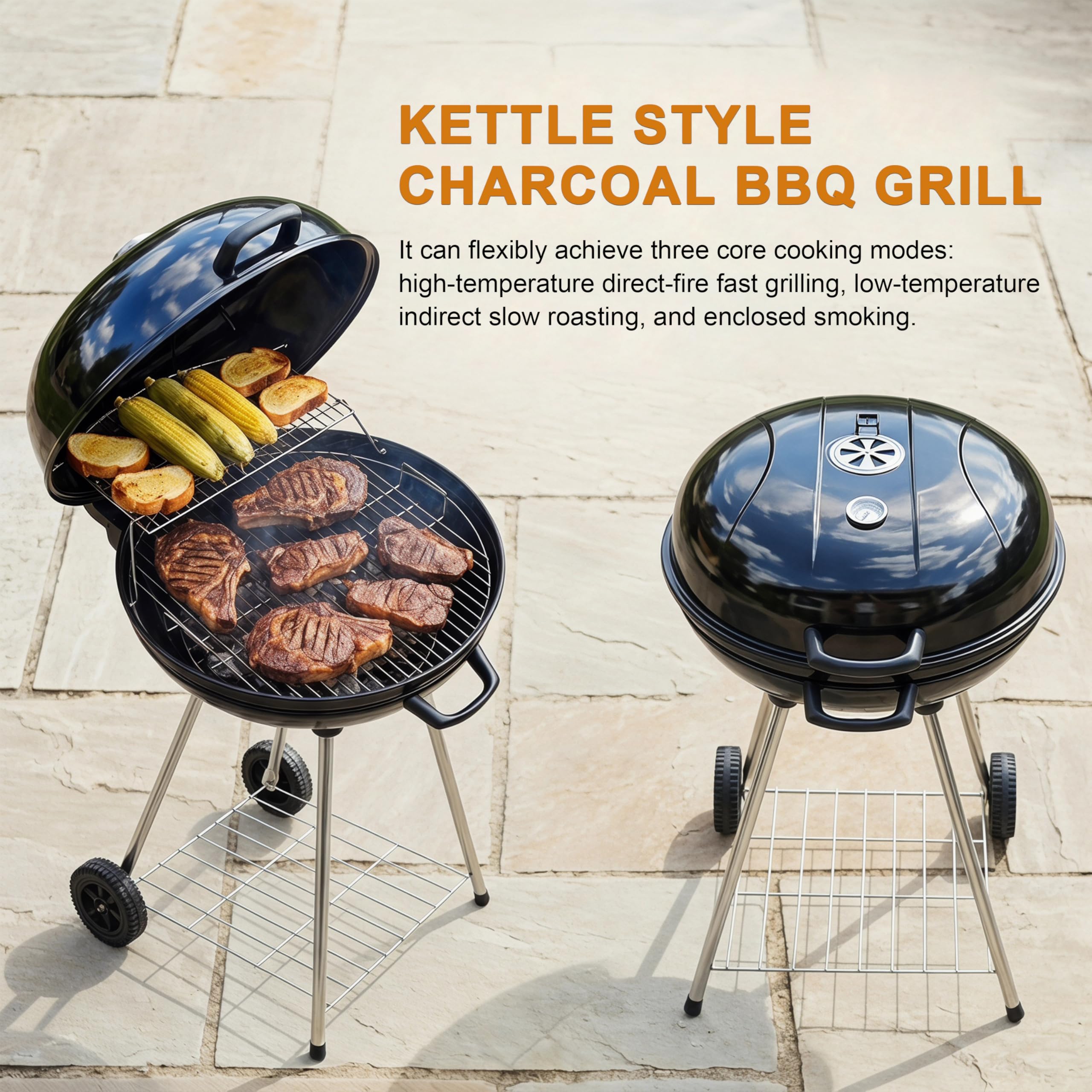 Elitzia ETBBQ01 Przenośny grill na węgiel drzewny z kółkami, czajnik, grill na zewnątrz, grill, pionowy kemping, podwórko, patio, ogród, okrągły grill na węgiel drzewny, do gotowania na świeżym
