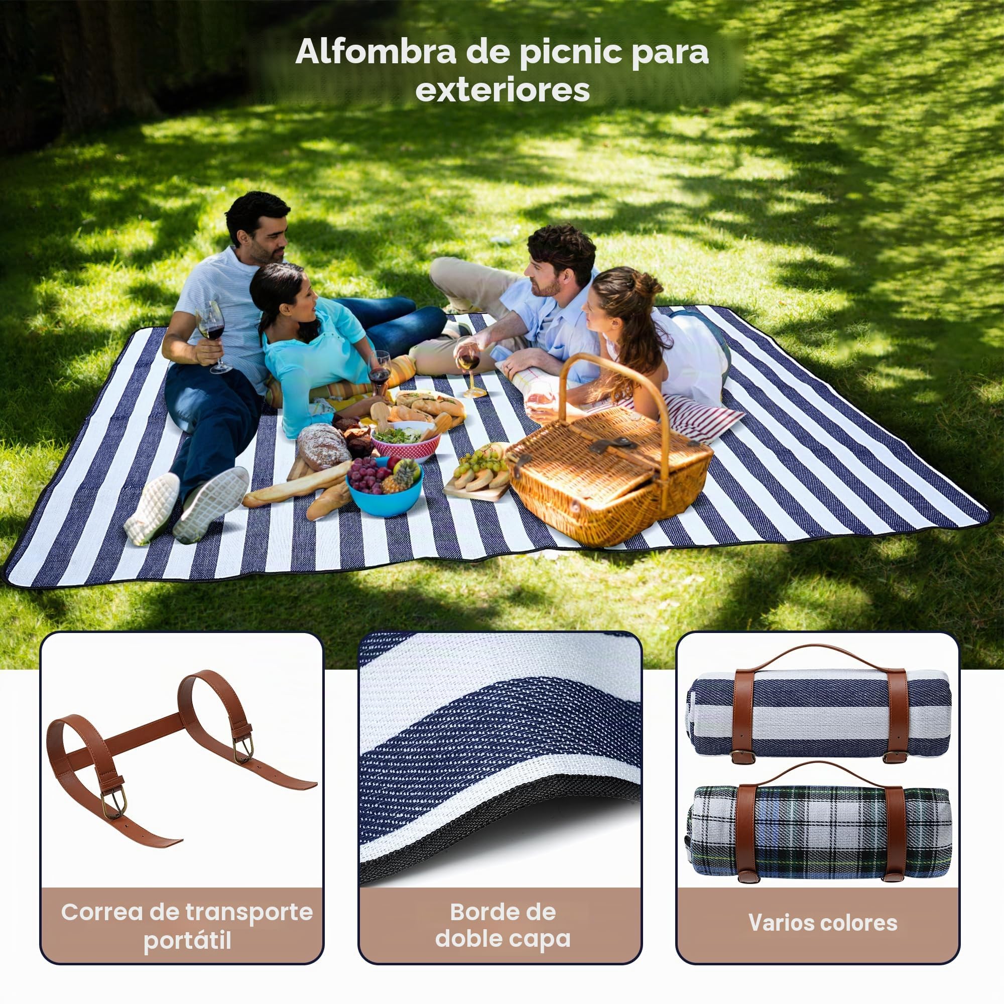 TRIXES Manta de Picnic a Rayas XL con Asa de Transporte - Mantas con Respaldo Impermeables y a Prueba de Arena Picnics, Acampadas y más