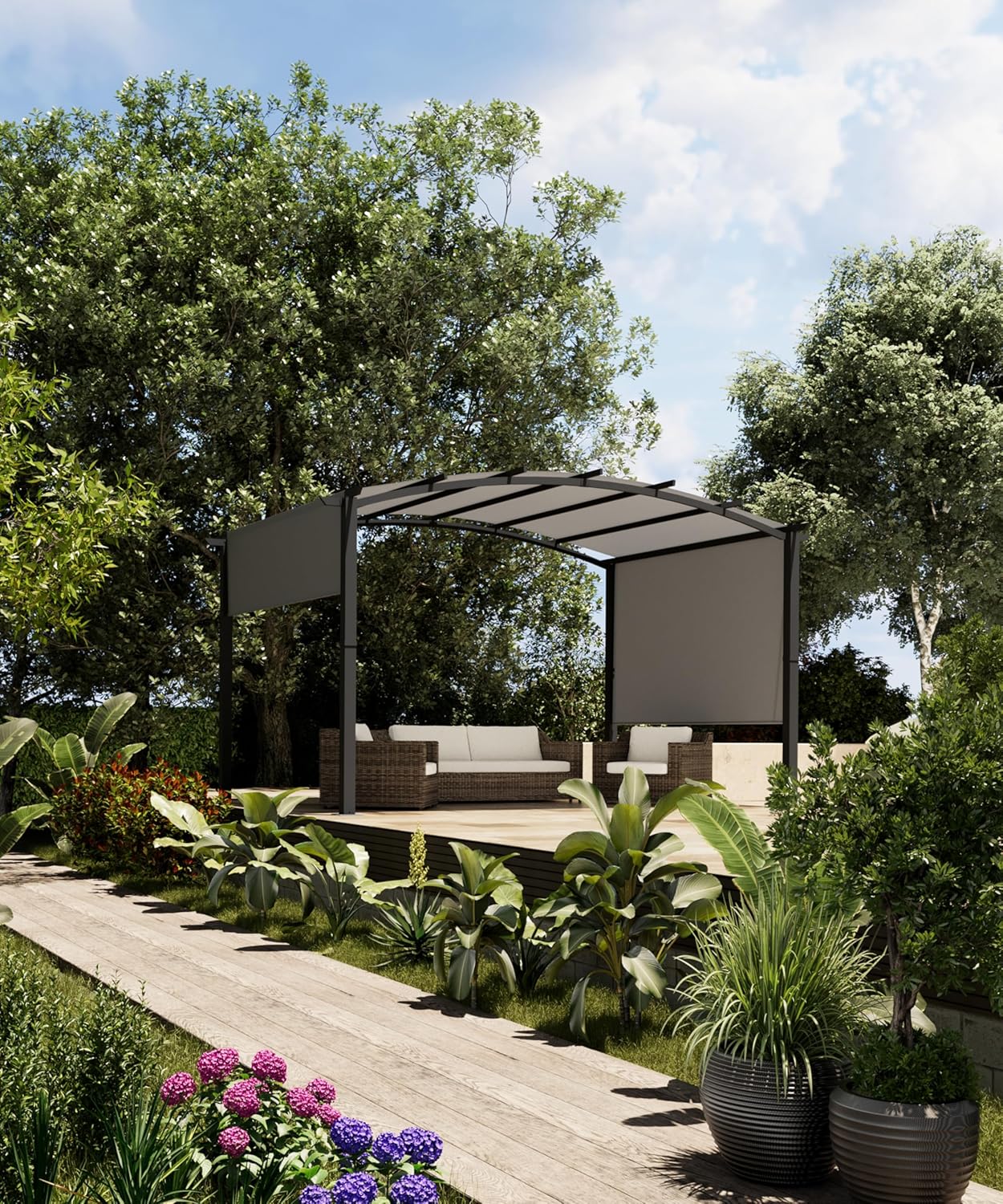 GarveeLife 12 ft x 9 ft Outdoor Arched Pergola, Metal Gazebo with Retractable Sun Shade for Backyards, Lawn, Patios (Grey)