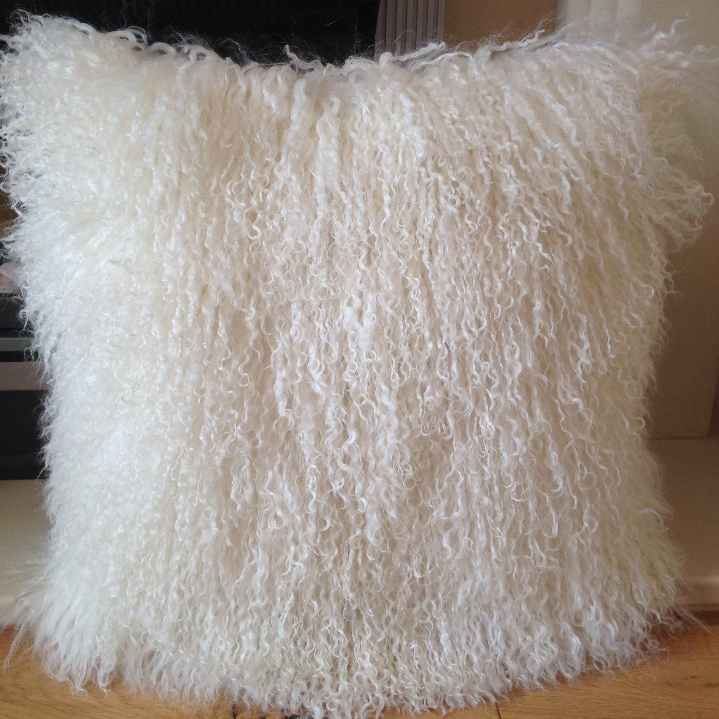 Co-Sy Natural / Off White White 45 * 45Cm Genuine Mongolian Sheepskin Lamb Wool Fur Cushion With Duck Feather Pad