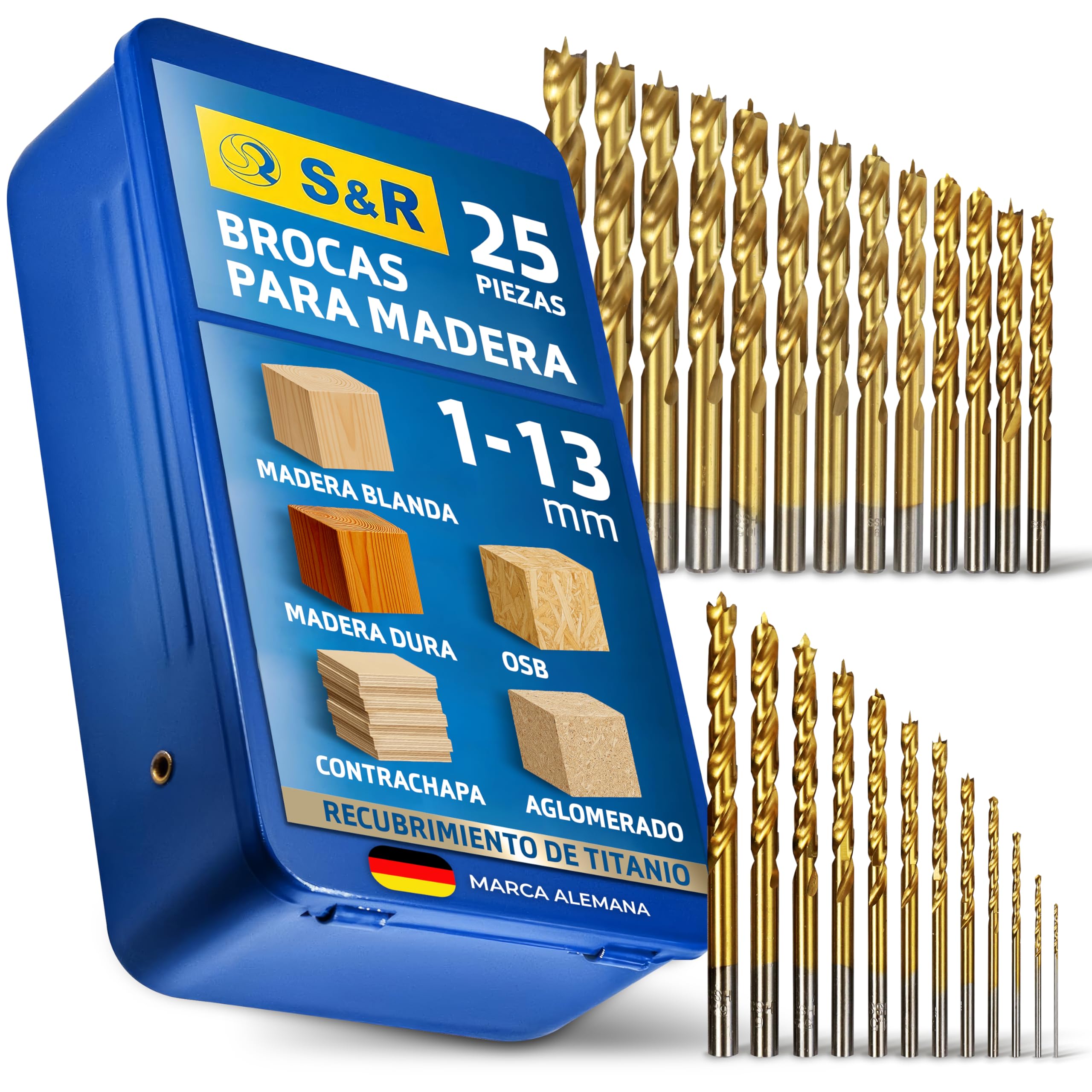 S&R Brocas para Madera Professionales 25 piezas 1-13 mm en acero HSS | 4241titanio - Brocas para taladro manual y de columna
