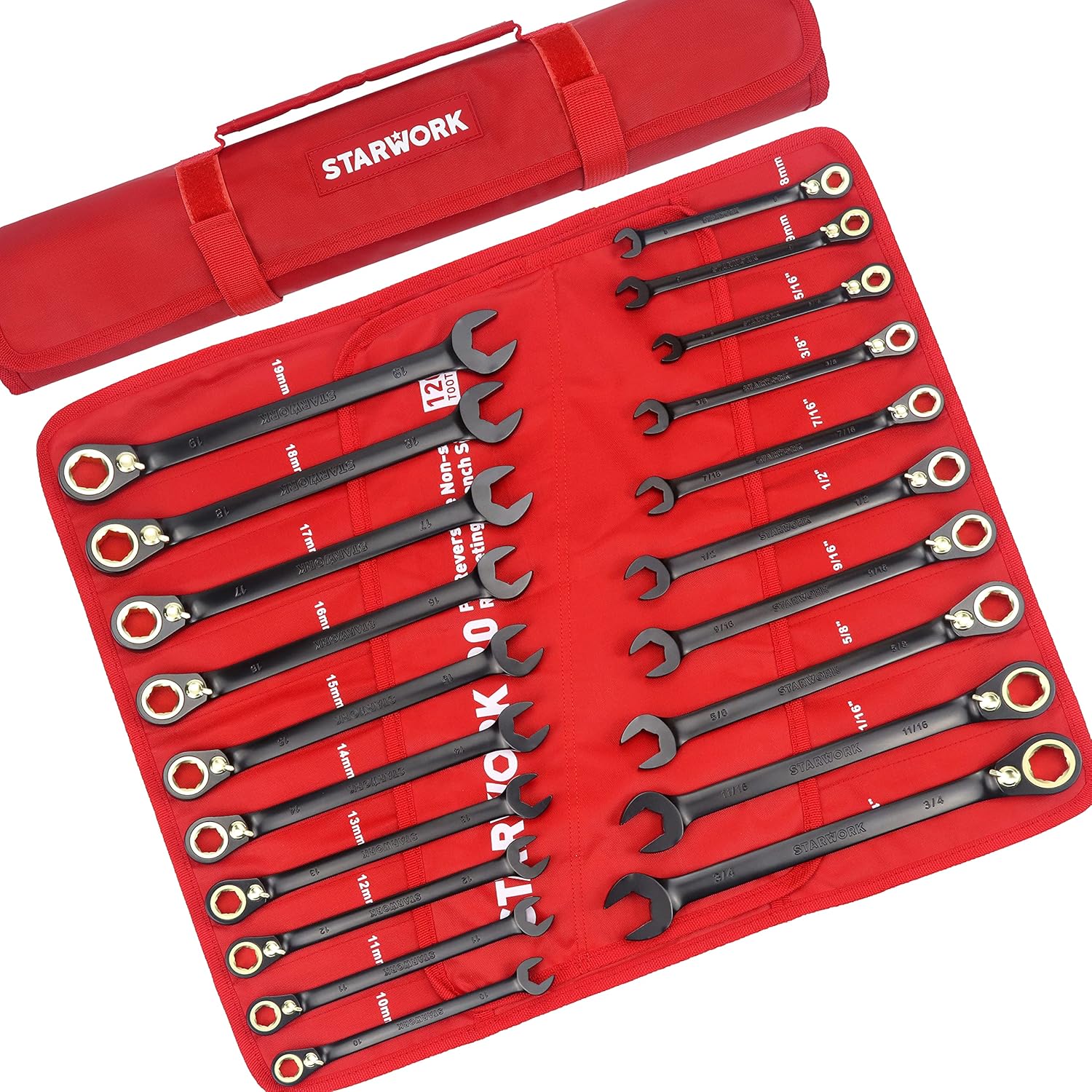 STARWORK TRUE MECHANIC™ 20 Pc. 120-Tooth Reversible Ratcheting Wrench Set, Combination Ratchet Wrench Set, Non-Slip, Long Pattern, 6-Point 15° Offset, Professional, SAE/Metric(5/16-3/4" & 8-19 mm)