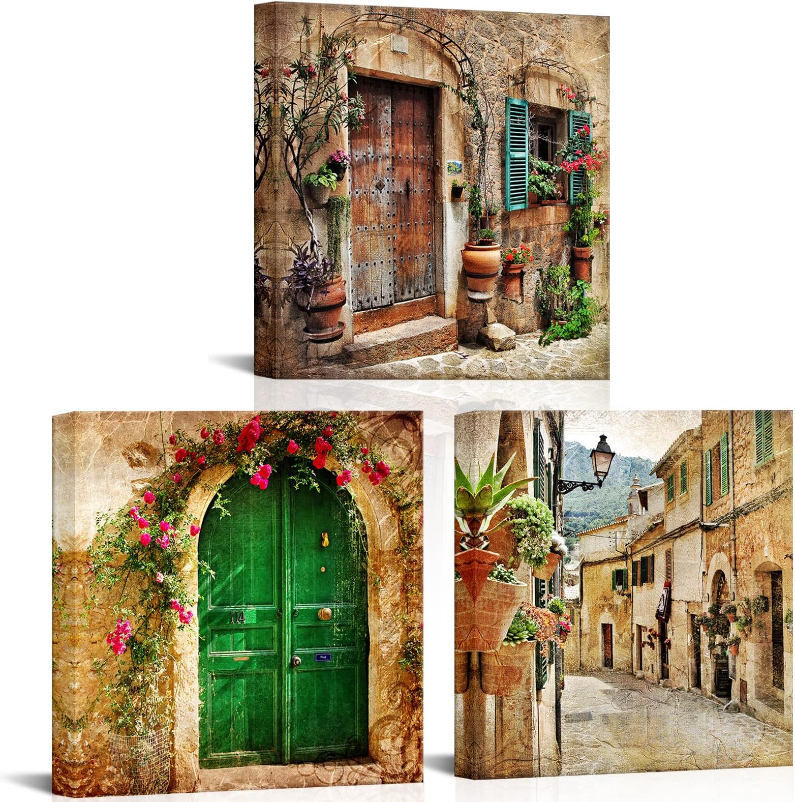 Nachic Wall Old Mediterranean Town Street Pictures Painting Vintage Charming Italian Rural Village Canvas Wall Art Framed for Living Room Bedroom Decor (Medium)