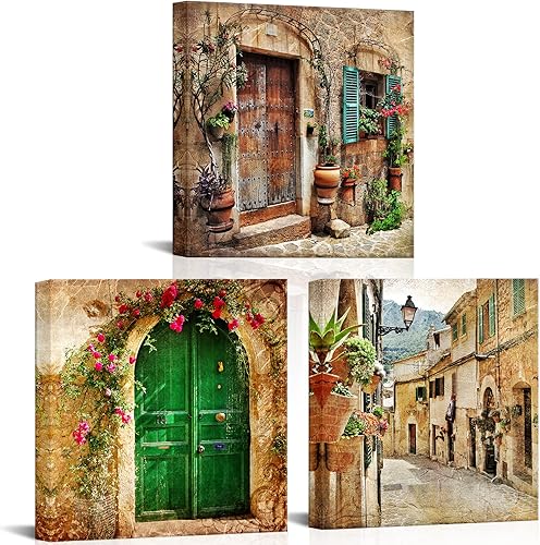 Nachic Wall Cuadro de cuadros de la calle de la ciudad mediterránea, vintage, encantador, pueblo rural italiano, arte de pared enmarcado para