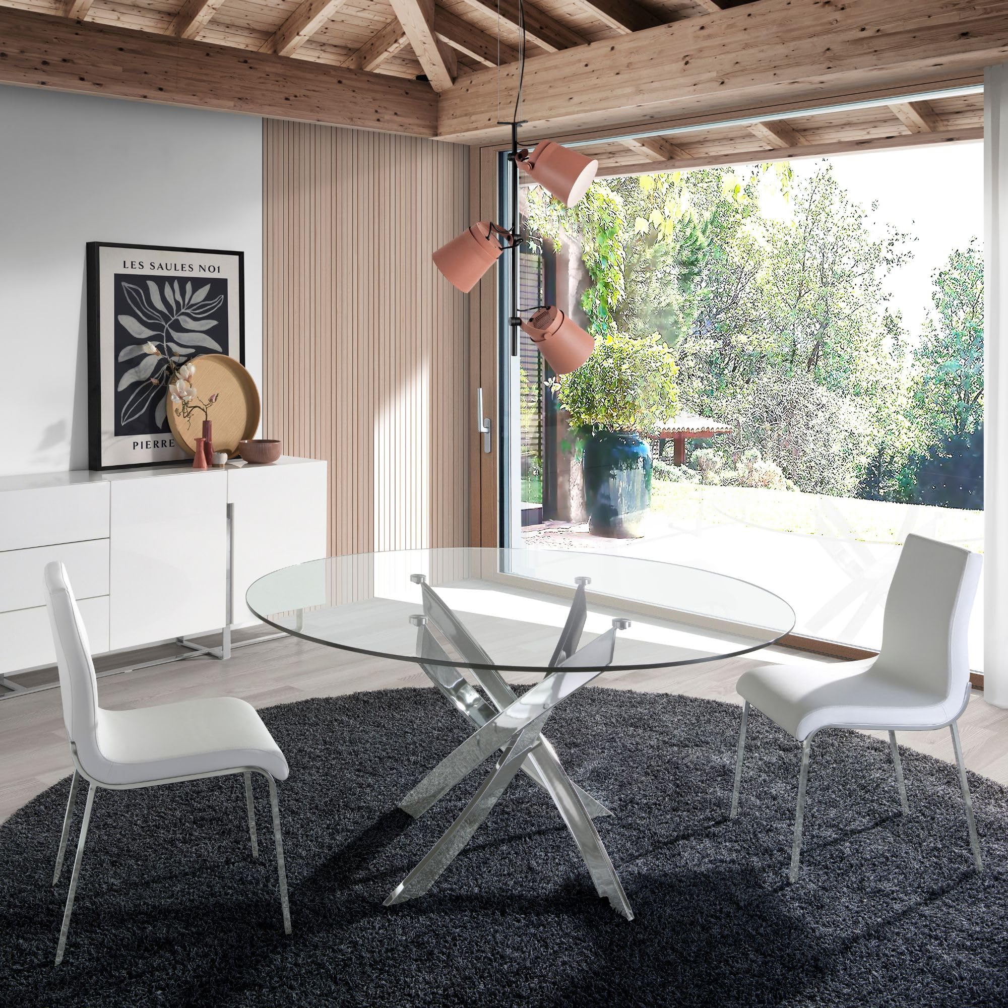 Table de salle à manger ronde Angel Cerdá 1061 en verre trempé transparent et pieds en acier inoxydable chromé, Ø 130 x 75 cm