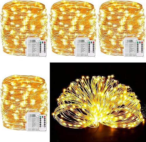 Vista 13 de YITING - Paquete de 4 luces LED de 33 pies, 100 luces LED que funcionan con pilas con temporizador de control remoto, 8 modos, impermeable, alambre