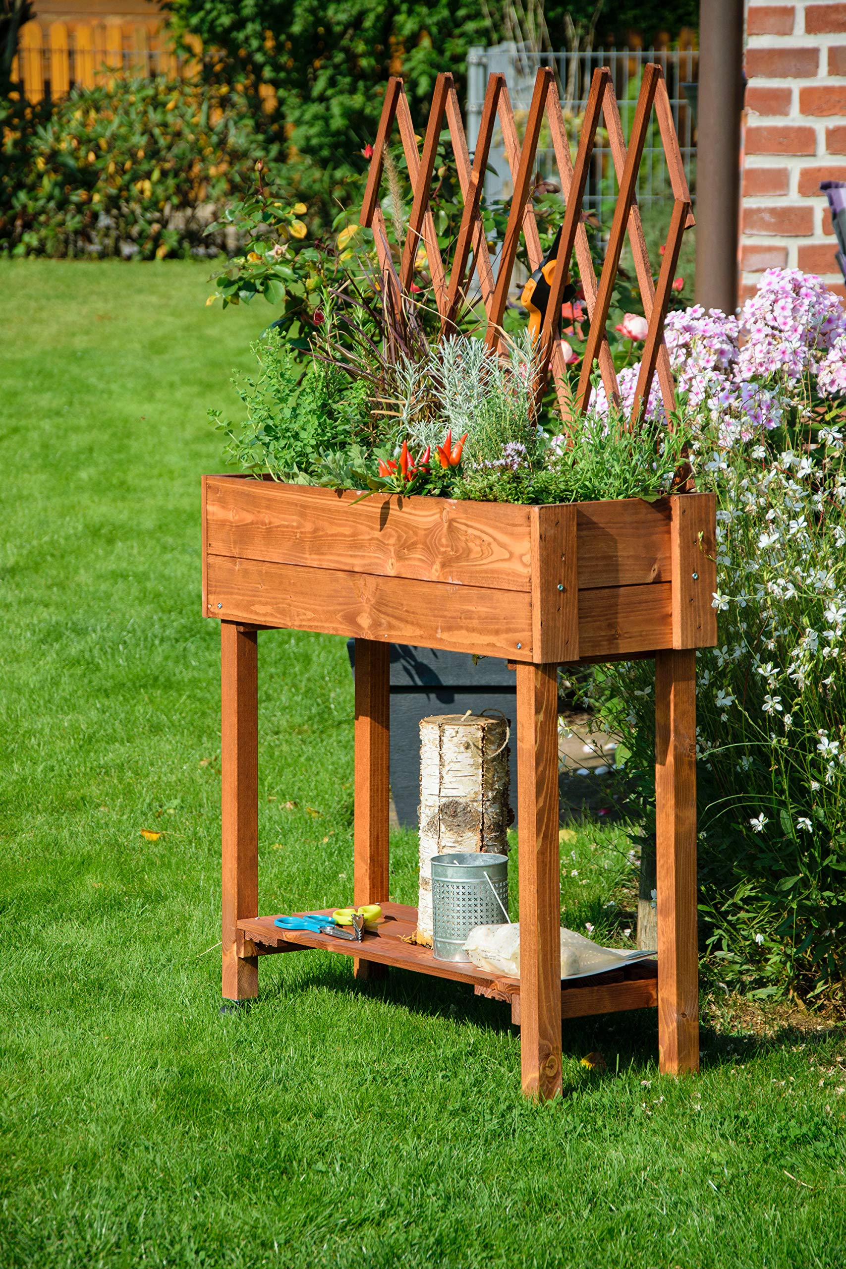 dobar 58187e - Aiuola rialzata Arrotolabile con Traliccio | Fioriera su Ruote | aiuola in Legno Massiccio | aiuola Sottile per Giardino/terrazze/Balcone | 79 x 28,5 x 130 cm | Marrone
