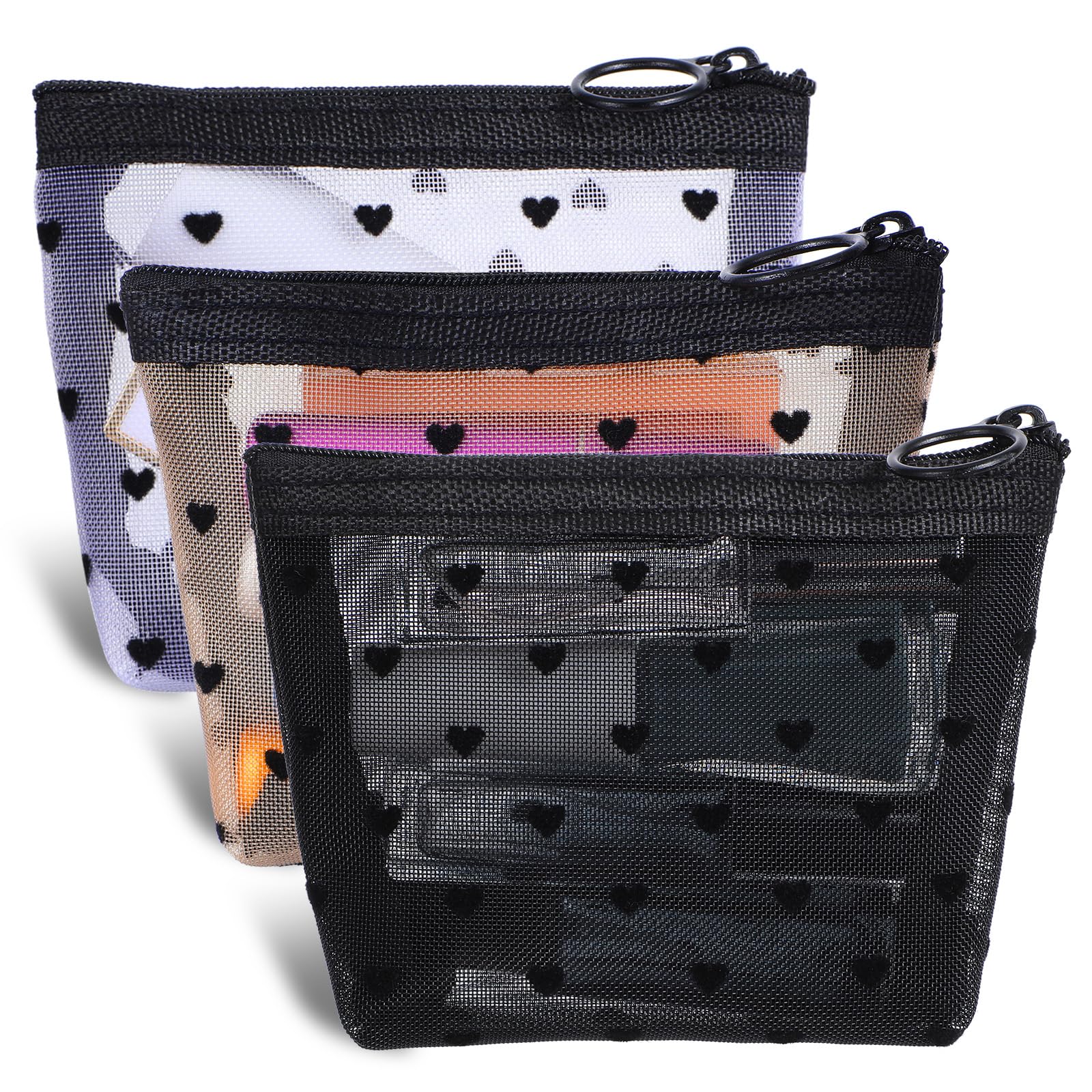 3 mini bolsas de cosméticos, bolsas de malla con cremallera con estampado de corazón, organizador de accesorios para lápiz labial, bolsa de maquillaje para mujer, bolsa pequeña, 3 colores