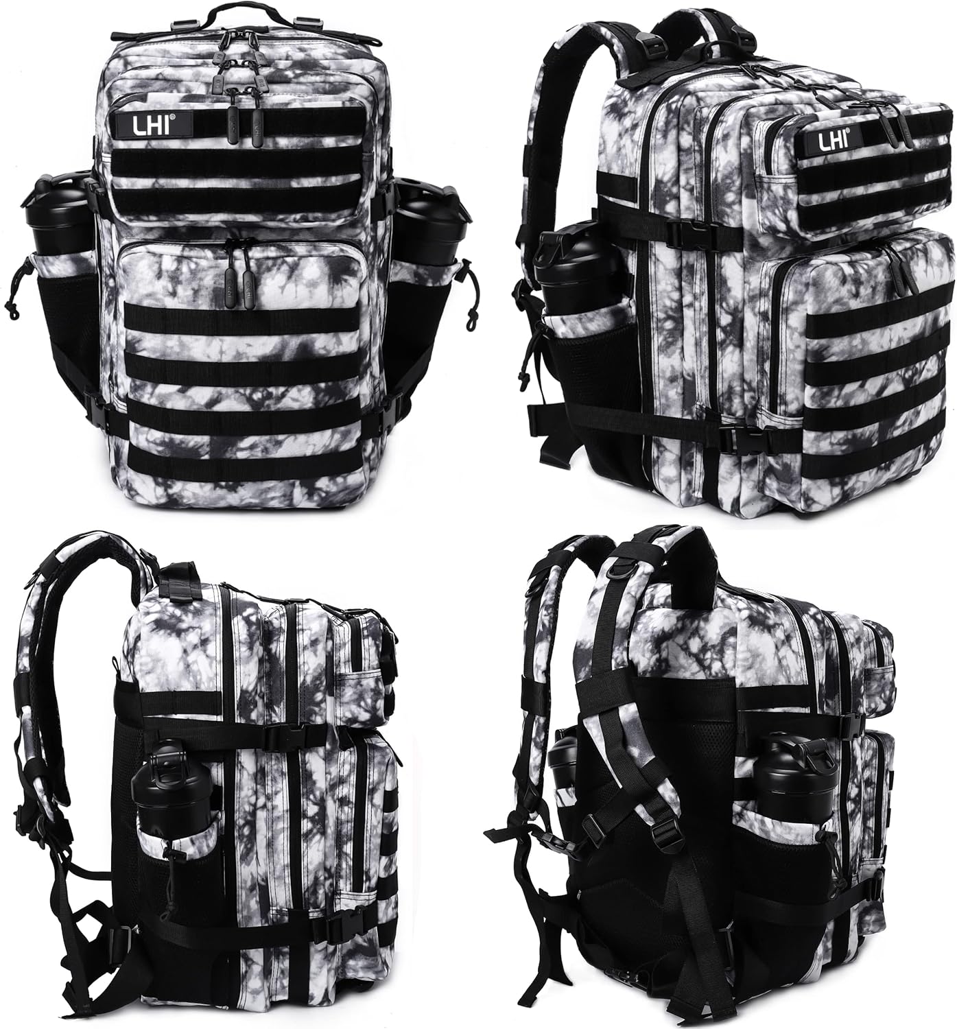 LHI Military Tactical Backpack for Men Molle Daypack 45L Army 3 Days Assault Pack Bag Large Rucksack With Bottle Holder Black and White(12*20*12) - Image 3