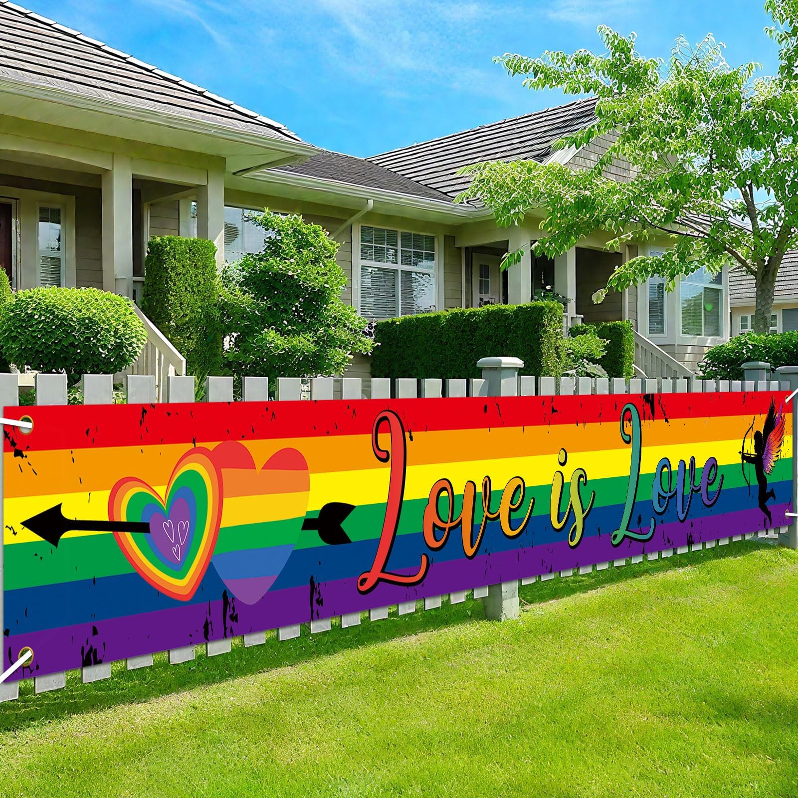 Pride Banner Rainbow Flag - LGBT Decorations Long Love is Love Banner, Gay Pride Party Decorations Photo Backdrop for Indoor Outdoor Decoration (14.5inch x 108inch)
