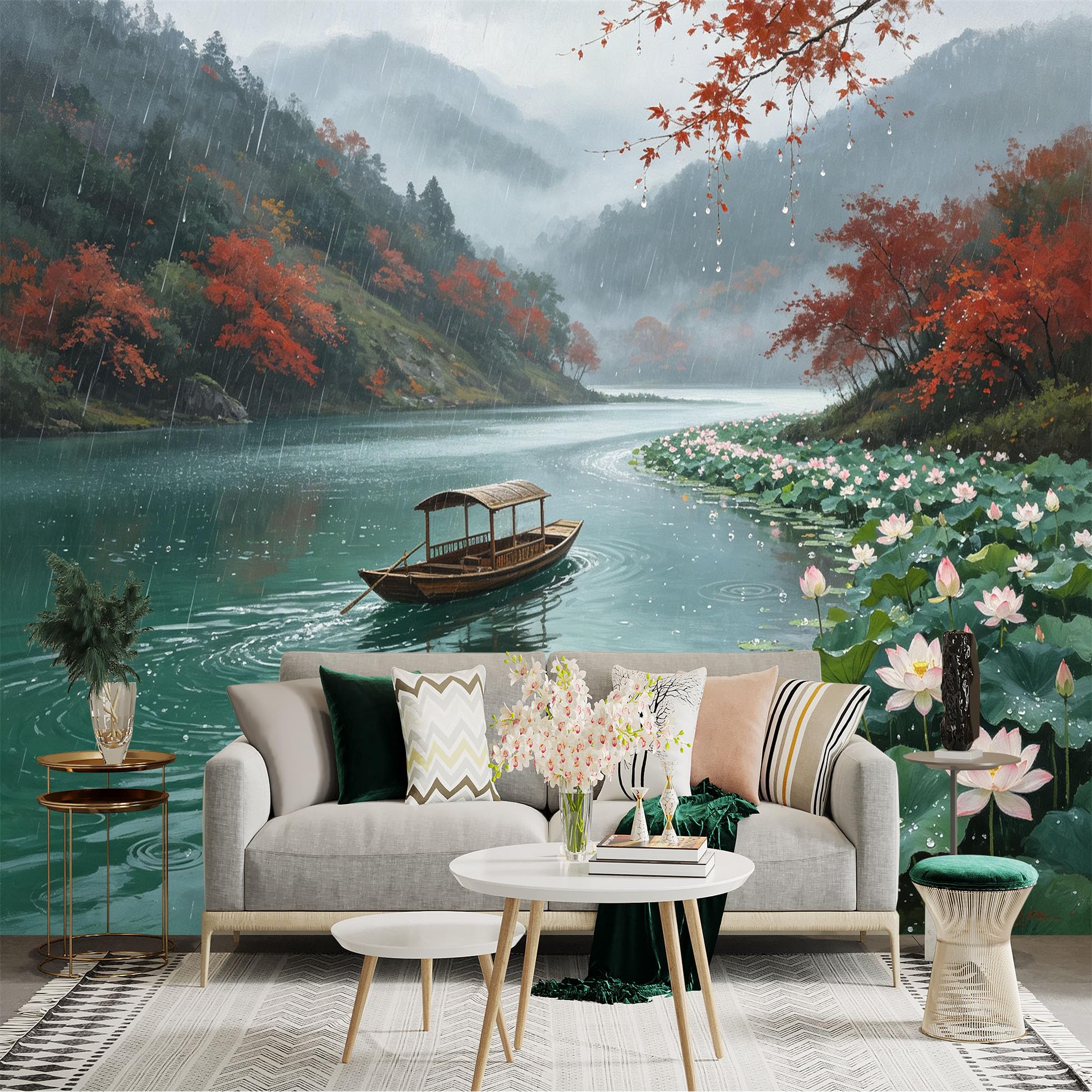 Custom Size Wall Sticker Mural， Rainy Landscape with Boat， Red Maple Trees， Blooming Lotus Pond， for wall Decoration， peelandstick wall Decals.