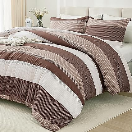 Litanika Brown Comforter Set California King - 3 Pieces Lightweight Brown White Colorblock Stripe Fluffy Bedding Comforter Sets, All Season Bed Set
