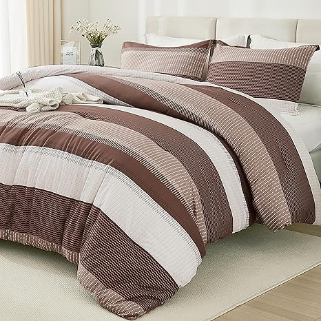Litanika Brown Comforter Set California King - 3 Pieces Lightweight Brown White Colorblock Stripe Fluffy Bedding Comforter Sets, All Season Bed Set