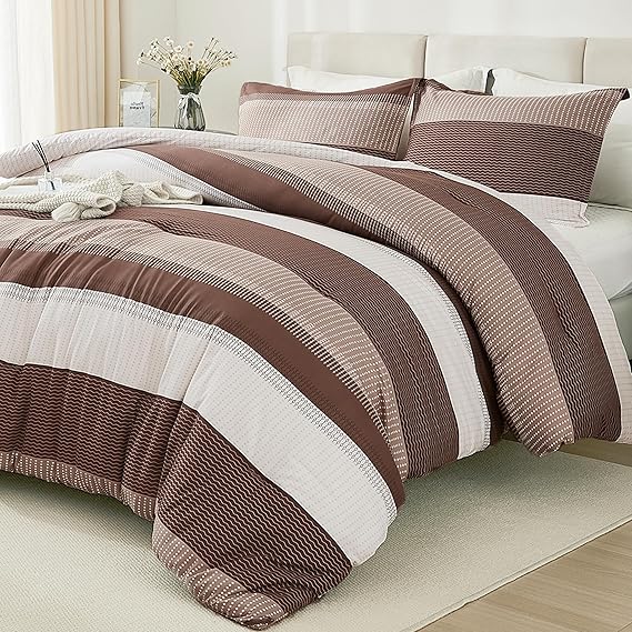 Litanika Brown Comforter Set California King - 3 Pieces Lightweight Brown White Colorblock Stripe Fluffy Bedding Comforter Sets, All Season Bed Set