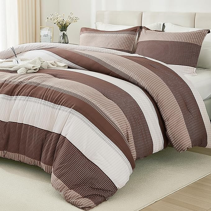Litanika Brown Comforter Set California King - 3 Pieces Lightweight Brown White Colorblock Stripe Fluffy Bedding Comforter Sets, All Season Bed Set