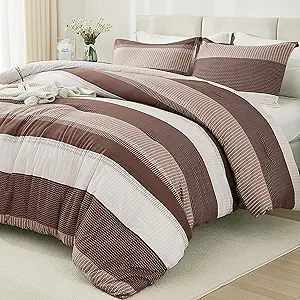 Litanika Brown Comforter Set California King - 3 Pieces Lightweight Brown White Colorblock Stripe Fluffy Bedding Comforter Sets, All Season Bed Set
