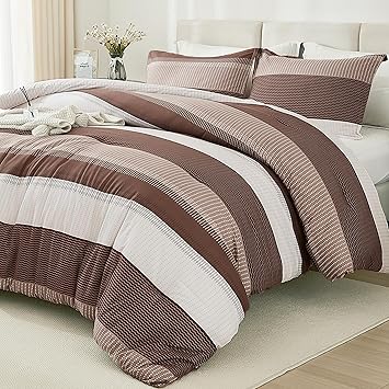 Litanika Brown Comforter Set California King - 3 Pieces Lightweight Brown White Colorblock Stripe Fluffy Bedding Comforter Sets, All Season Bed Set