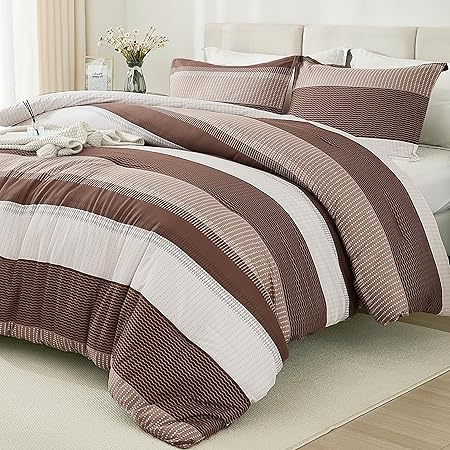 Litanika Brown Comforter Set California King - 3 Pieces Lightweight Brown White Colorblock Stripe Fluffy Bedding Comforter Sets, All Season Bed Set
