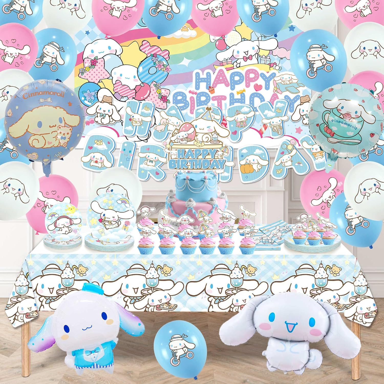 Cartoon Birthday Party Decorations, Party Supplies Set Include Banner, Balloons, Backdrop, Cake Cupcake Toppers, Tablecloth for Kids Theme Party Favors (Multi-134PCS)