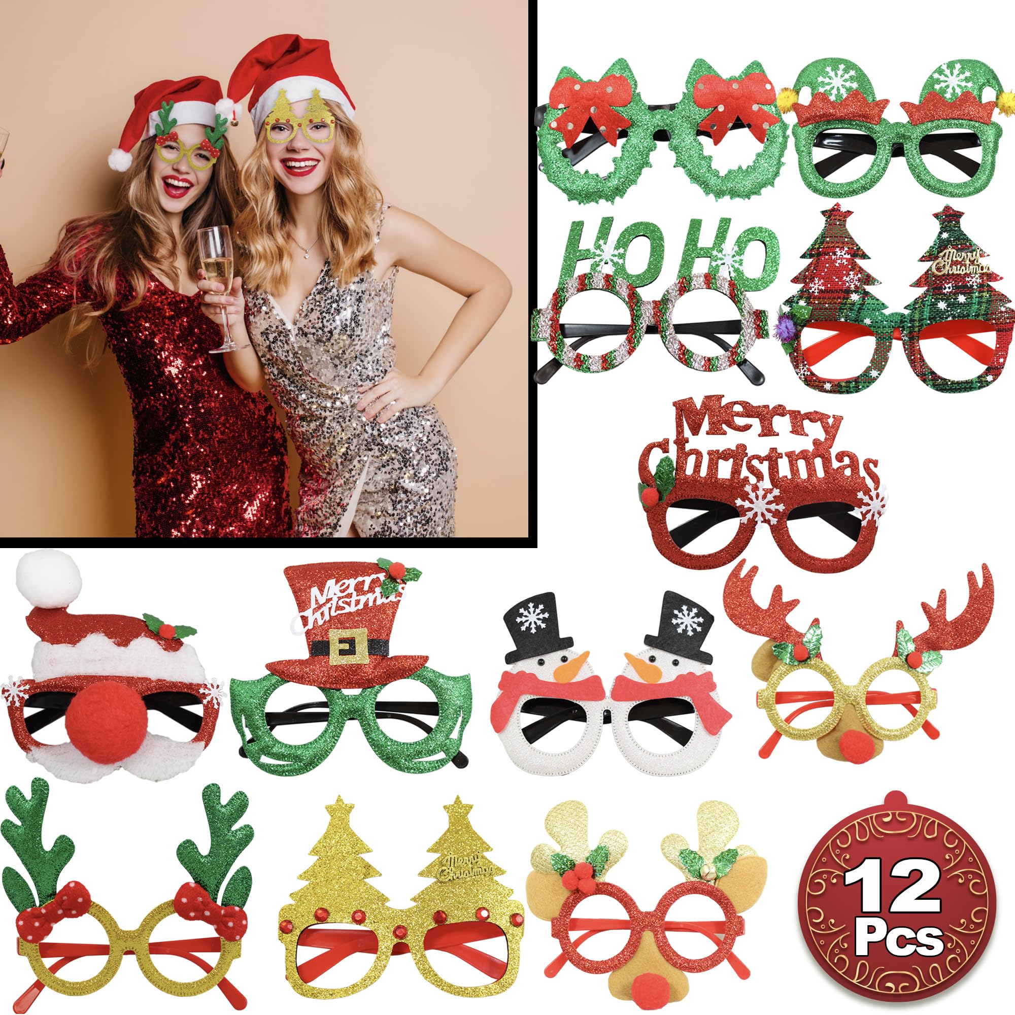 BASHOUT Christmas Glasses | 12pcs Holiday Theme Eyeglasses | Funny Xmas Prop Glasses | Party Favor Set | Photo Booth Eyeglass Frames | One Size Fits All Xmas Frames
