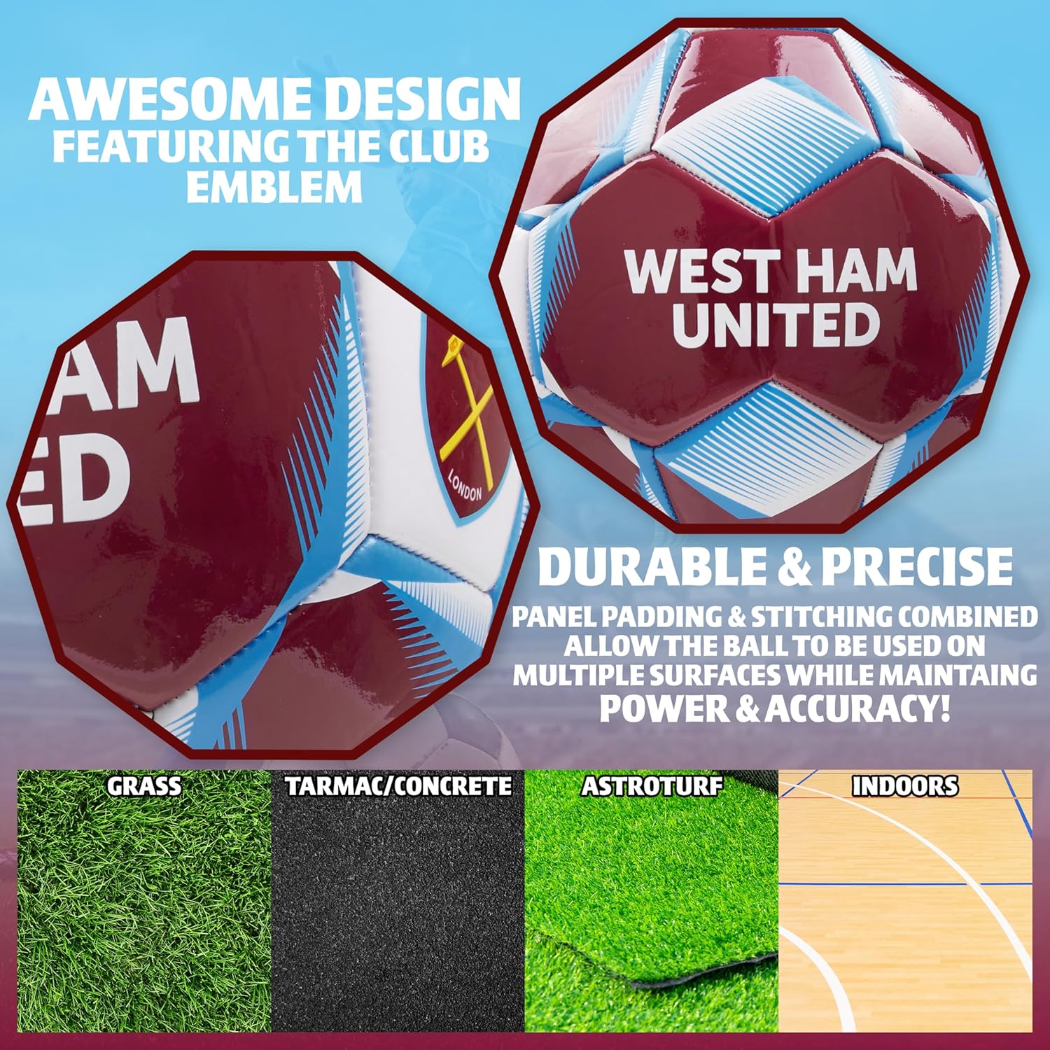 West Ham United F.C. Soccer Ball for Adults Teenagers Kids Training Soccer Size 3, 4 or 5 West Ham Merchandise (Burgundy, Size 4)