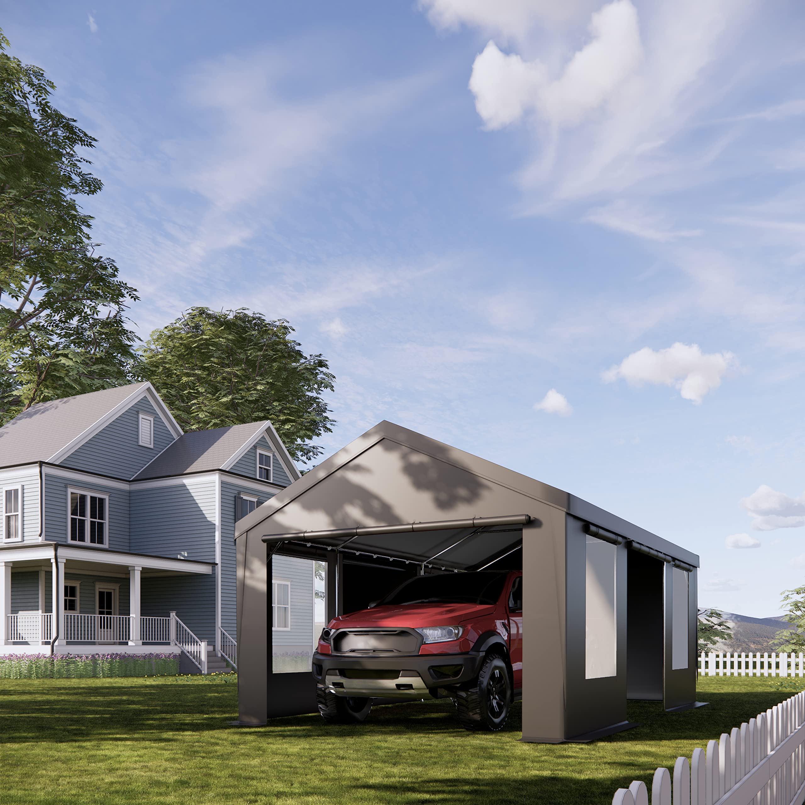 Luckyberry 10'x 20' Heavy Duty Carport with Roll-up Ventilated Windows, Portable Garage with Removable Sidewalls & Doors for Car, Truck, Boat, Car Canopy with All-Season Tarp, Grey