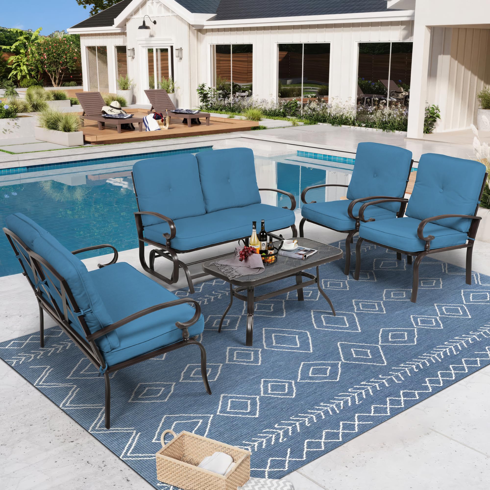 Incbruce 5 Pcs(6 Seats) Outdoor Metal Furniture Sets Wrought Iron Patio Conversation Sets, (Glider, 2 Single Chairs, Loveseat, and Coffee Table) with Cushion (Peacock Blue)