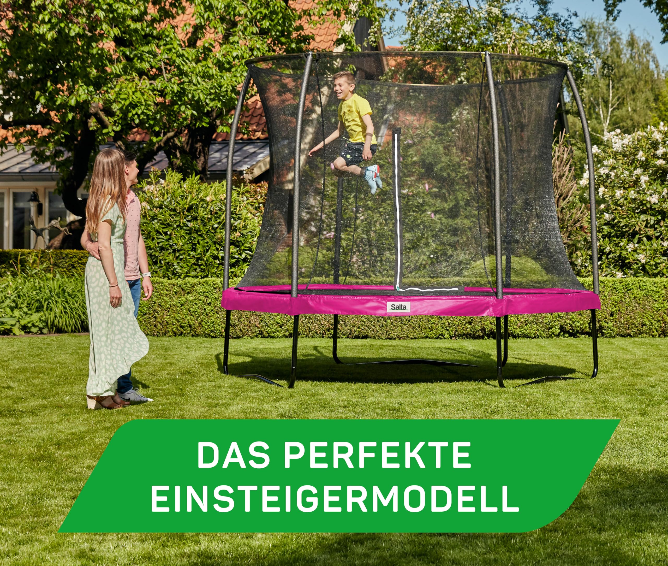 Salta Comfort Edition – ⌀183/213/251/305/366/396/427cm - TÜV geprüft – Schwarz/Grün/Pink - rundes Outdoor Trampolin, Gartentrampolin - Set mit Sprungmatte, Sicherheitsnetz, Federn, Randabdeckung
