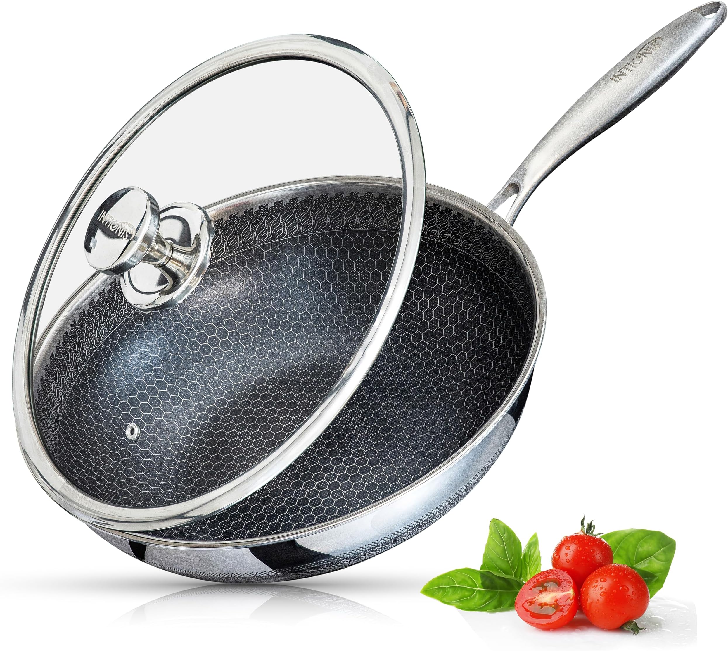Stainless Steel Wok Pan with Lid 6 L, 30 cm - Honeycomb Hybrid Surface, Induction & Oven Safe, Non-Stick without Coating, Large Wok Pan for Healthy Roasting & Daily Cooking