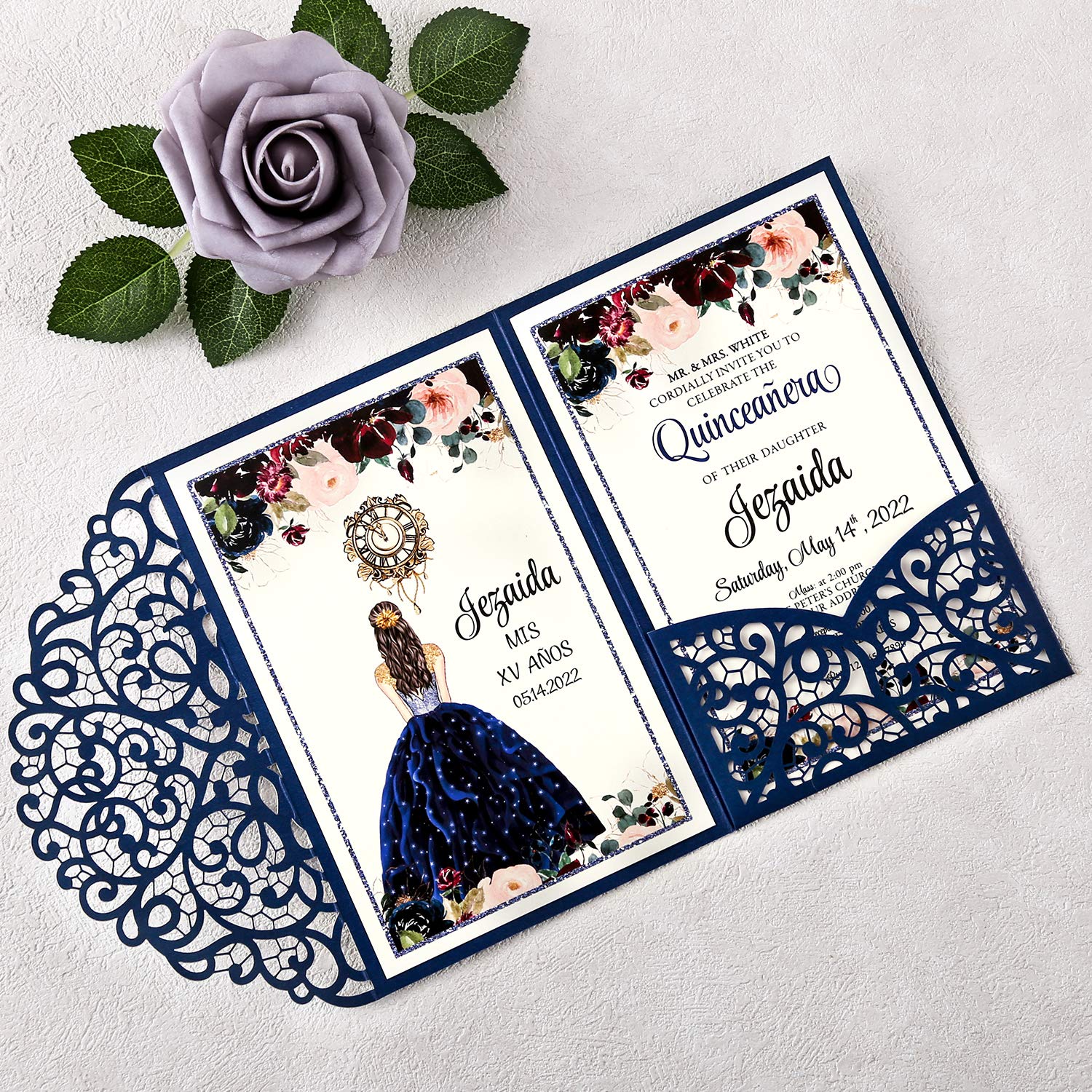 DORIS HOME Quinceanera Einladungskarten mit Umschlägen für Quincenera Geburtstag, Quinceanera Einladungskarten, 11,9 x 17,8 cm, 50 Stück, blanko, marineblau