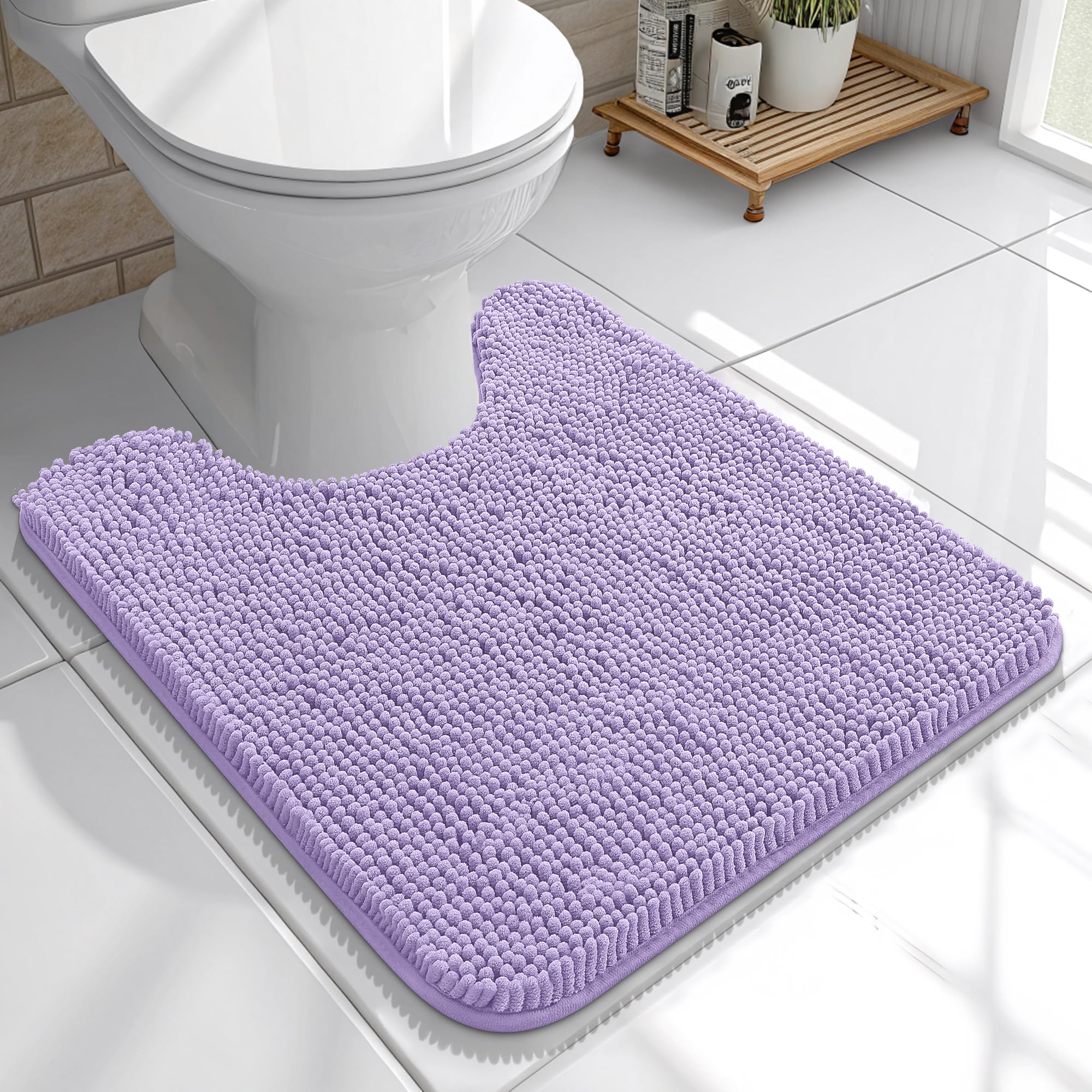 OLANLY Toilet Rugs U-Shaped 20x20, Soft Absorbent Chenille Contour Rugs | Lavender, Quick-Drying Rubber Backing, Machine Washable Non-Slip Shaggy Bathroom Mat for Toilet, Home Decor Accessories