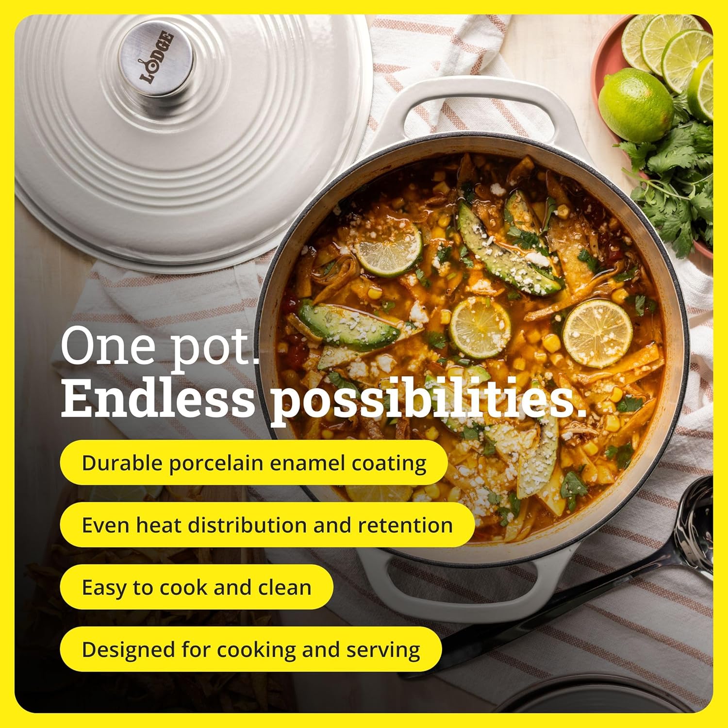 Lodge Essential Enamel Cast Iron Dutch Oven - Perfect for Bread Baking, Braising, Marinating & Slow Cooking - Features Moisture-Sealing Lid & Dual Handles - Kitchen Essentials - 6 Quarts - Oyster White