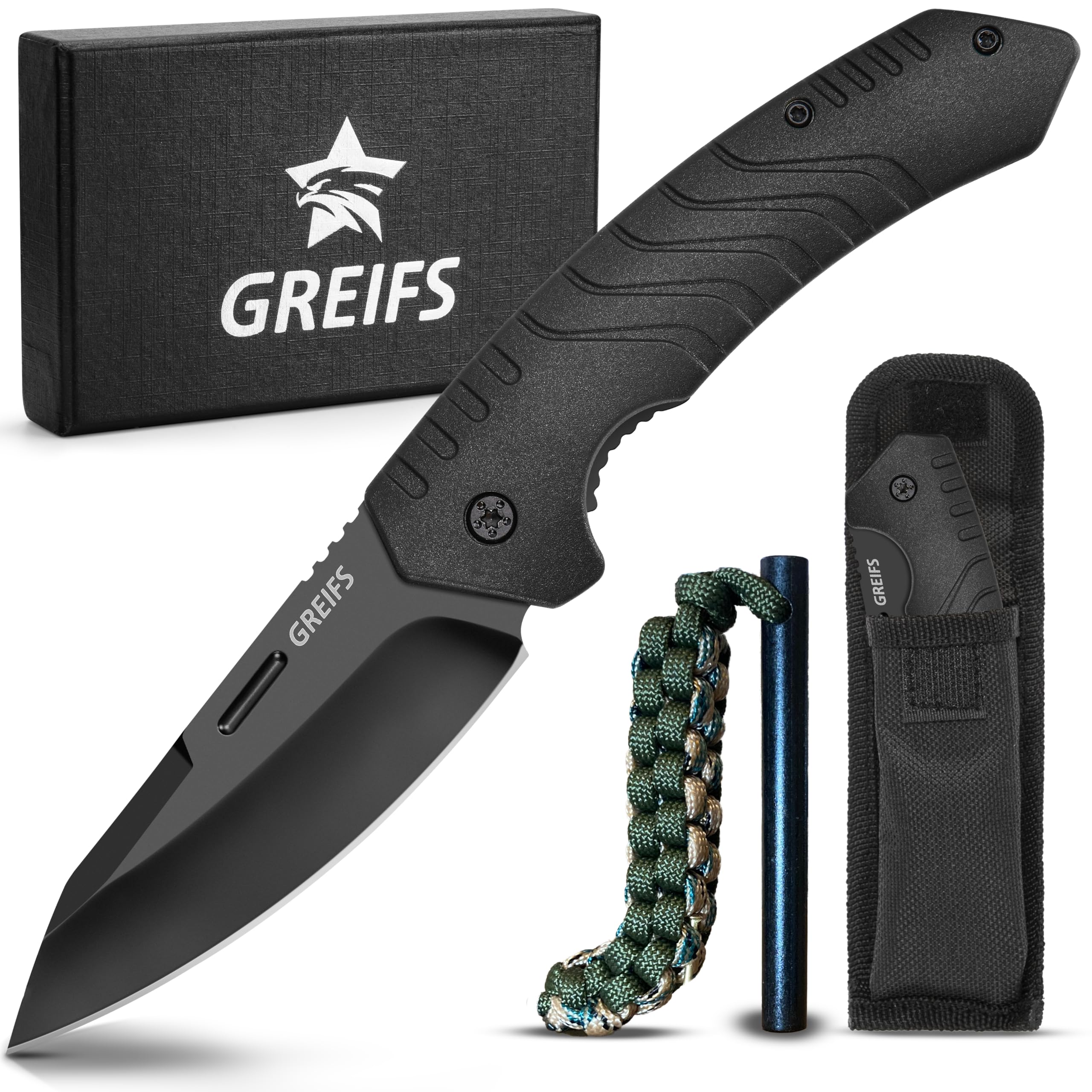GREIFS® Klappmesser G1 (Zweihandmesser) Messer mit Tasche, Outdoor & Survival Taschenmesser, Überlebensmesser, Jagdmesser (G1+Feuerstahl, Black)