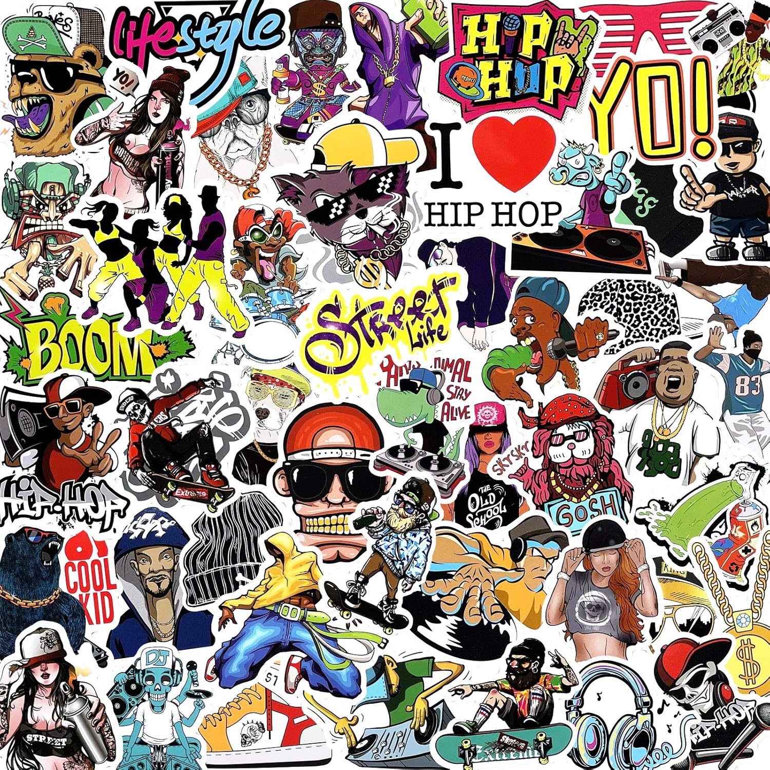 JIUMEI Cool Hip Hop Stickers Pack 50pcs Fun Street Freestyle Stickers for Teens Guitar Water