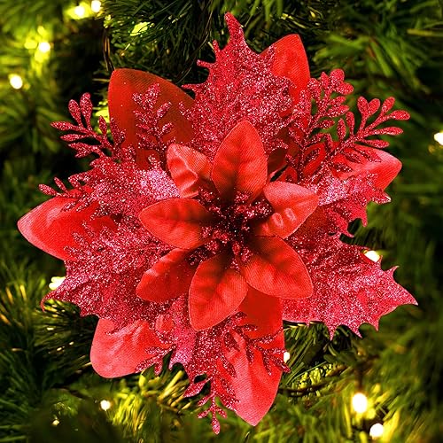Miniatura 12 de Decoraciones de flores artificiales de Pascua de Navidad, flores de Navidad con brillantina, guirnaldas de árboles de Navidad, adornos para fiestas