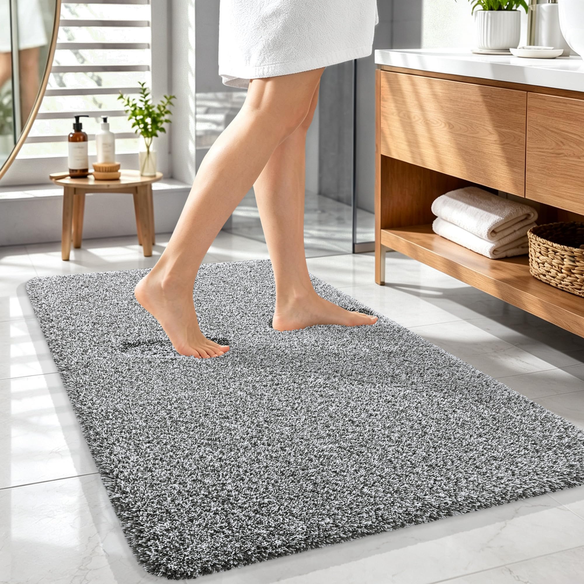 OLANLY Microfiber Bathroom Rugs 44x32, Quick Dry Mat, Dark Grey and White