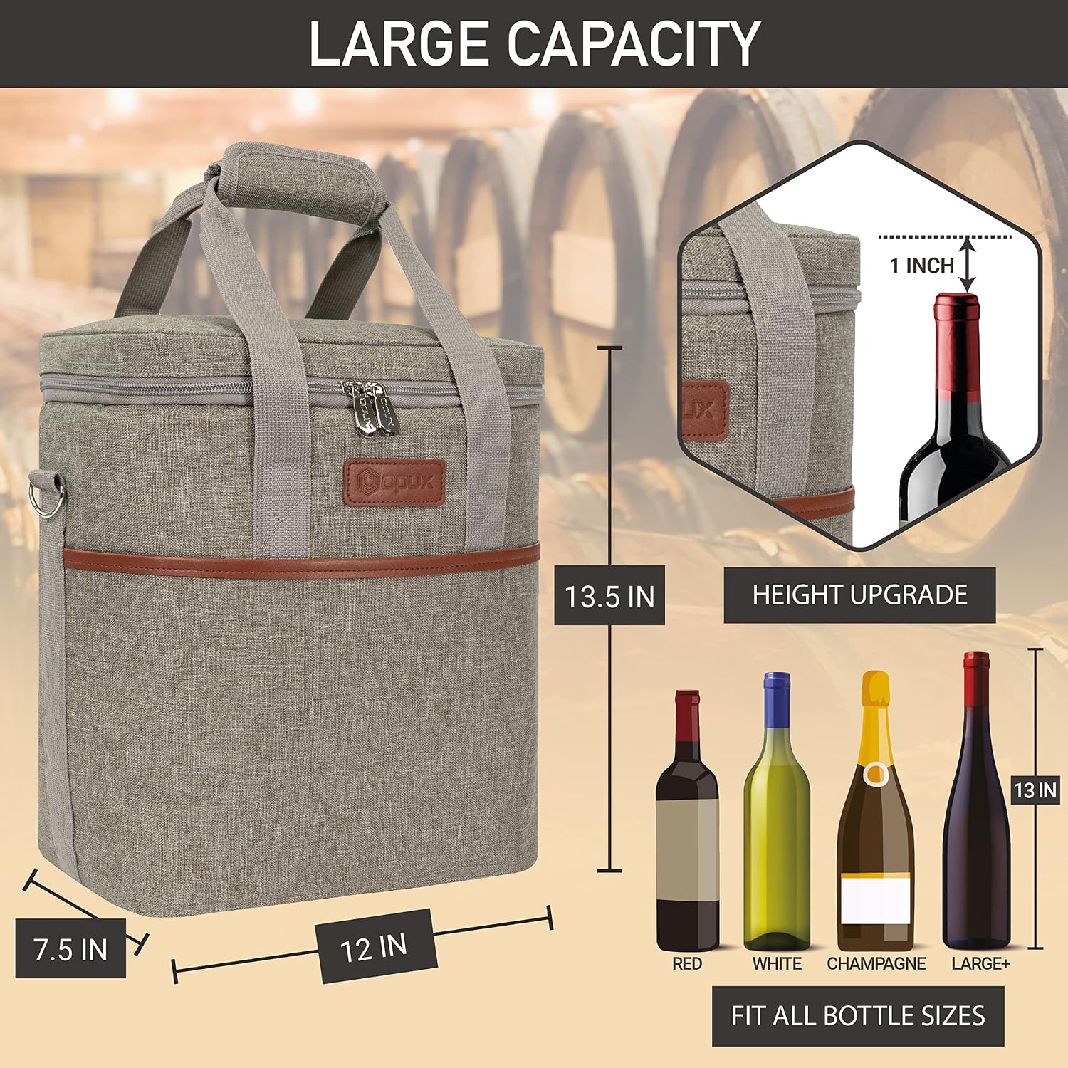 opux Insulated Wine Cooler Bag, Leakproof 6 Bottle Wine Tote Carrier, Taupe image 3
