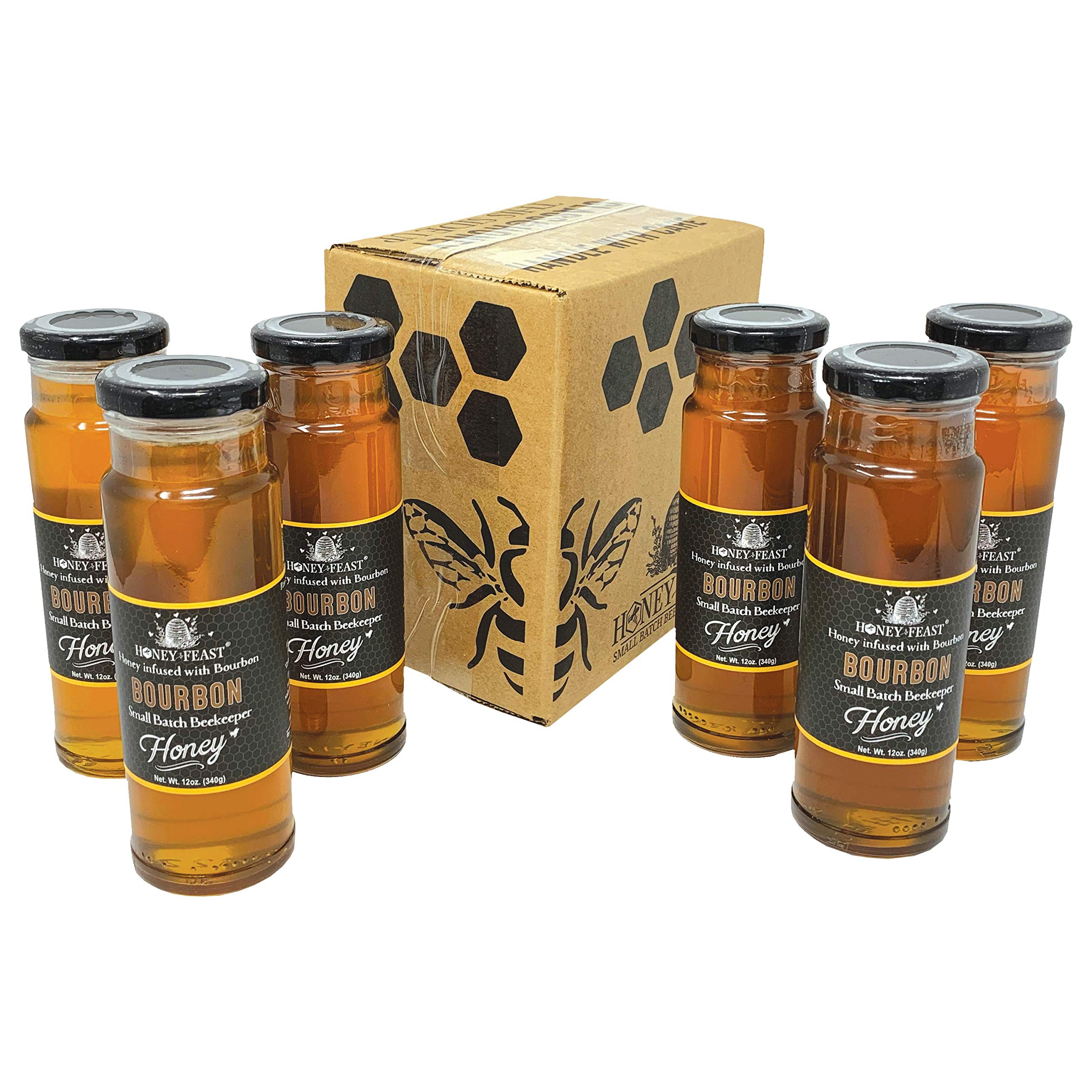 6-Pack HONEY FEAST Bourbon Honey 12oz | Artisan Raw Honey with Bourbon Infusion | Specialty Flavor for Gourmet Lovers | Distinctive Gift Set