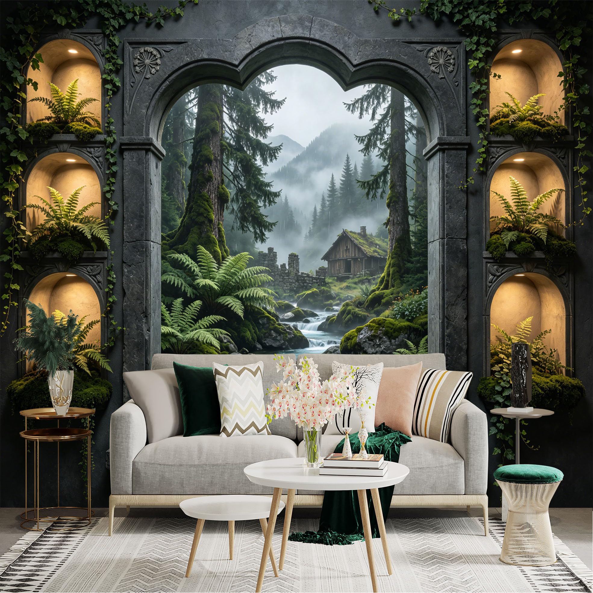 Lnzczhyre Dbh260521082 Custom Size Wall Sticker Mural， Stone Archway View， Misty Forest Landscape， Rustic Cabin By Stream， Lush Ferns And Moss， For Wall Decoration， Peelandstick Wall Decals.