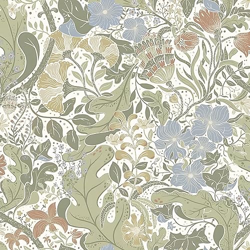 HeloHo Papel tapiz para despegar y pegar, papel de pared floral azul claro con hojas verdes, autoadhesivo, extraíble, impermeable, papel de contacto