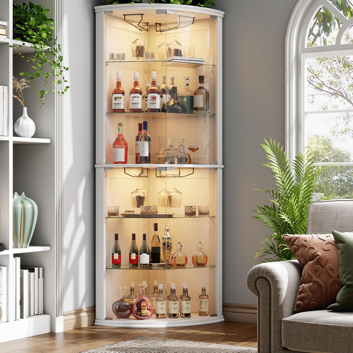 Gabinete de barra de esquina de 70 pulgadas con luces LED, gabinete de vino moderno de 6 niveles | Gabinete alto para licores con puerta de vidrio y soporte de vidrio y estantes ajustables para comedor, sala de estar (blanco)