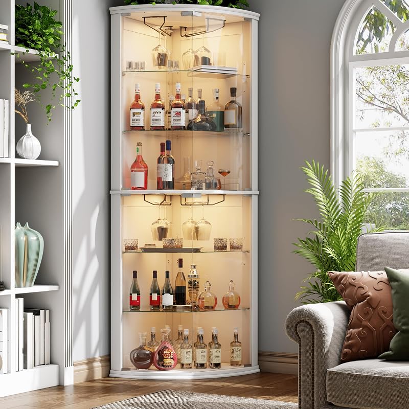 Gabinete de barra de esquina de 70 pulgadas con luces LED, gabinete de vino moderno de 6 niveles | Gabinete alto para licores con puerta de vidrio y soporte de vidrio y estantes ajustables para comedor, sala de estar (blanco)