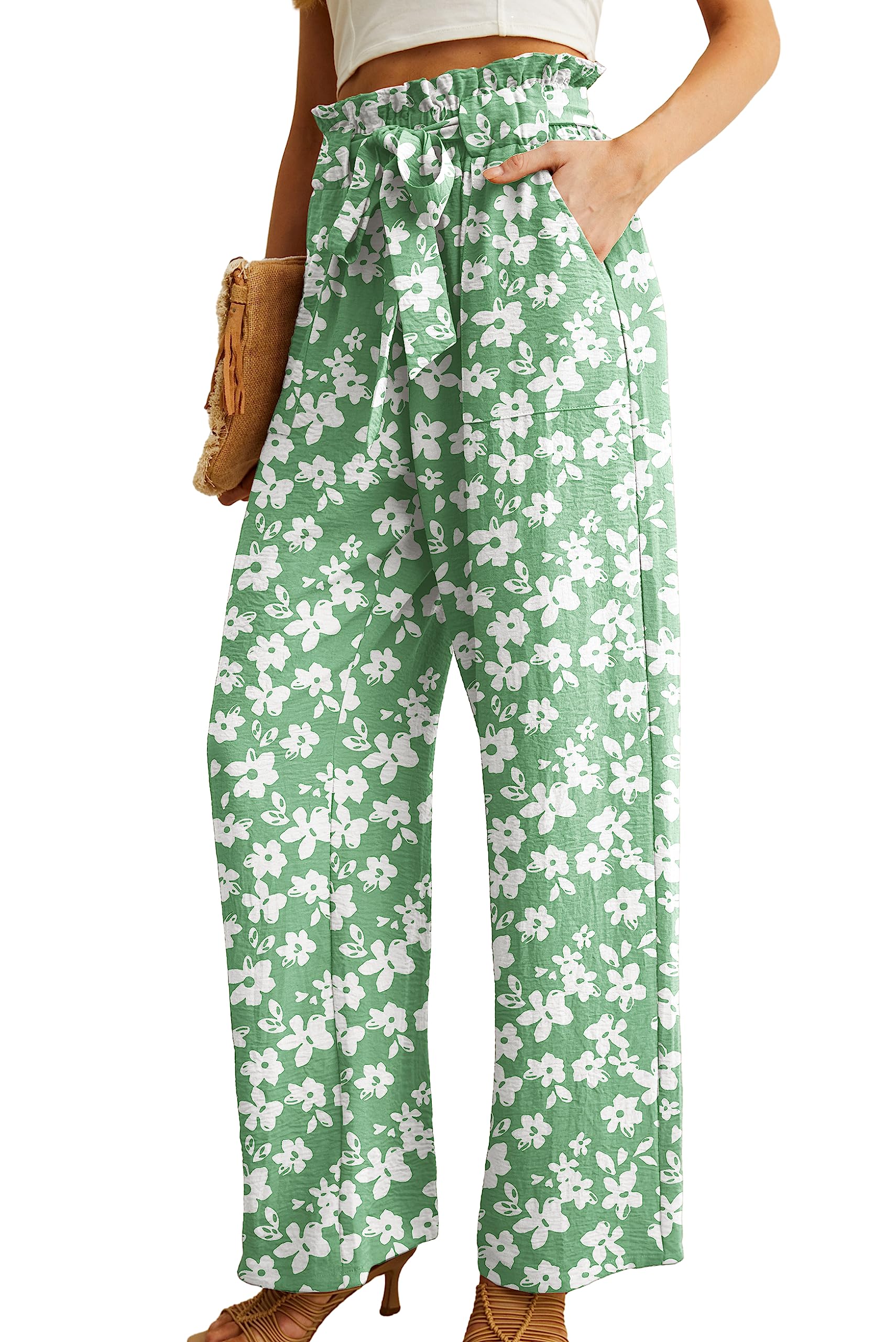 IWOLLENCE Women's Wide Leg Pants with Pockets High Waist Adjustable Knot Loose Casual Trousers Business Work Casual Pants