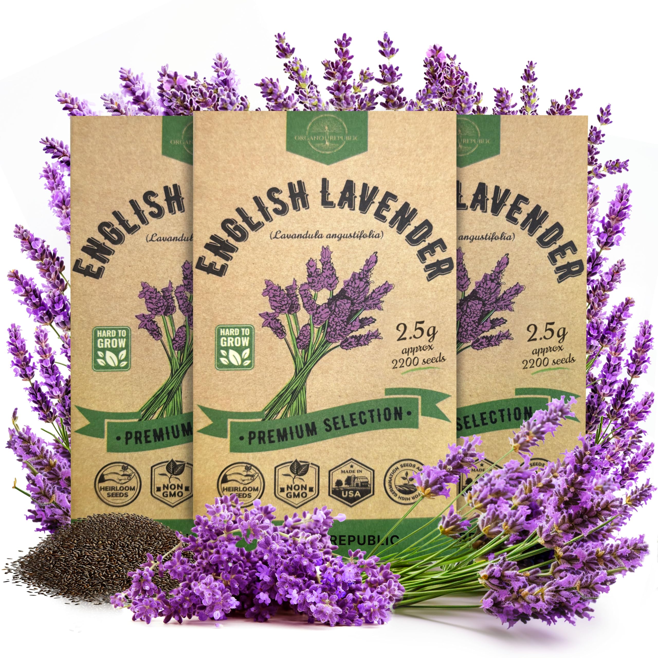 Organo Republic 3-Pack English Lavender Seeds 7.50G - Over 6,600 Non-GMO Heirloom Lavender Seeds for Planting in Individual Seed Packets, Herb Seed for Planting Home Garden Indoor & Outdoor Gardening
