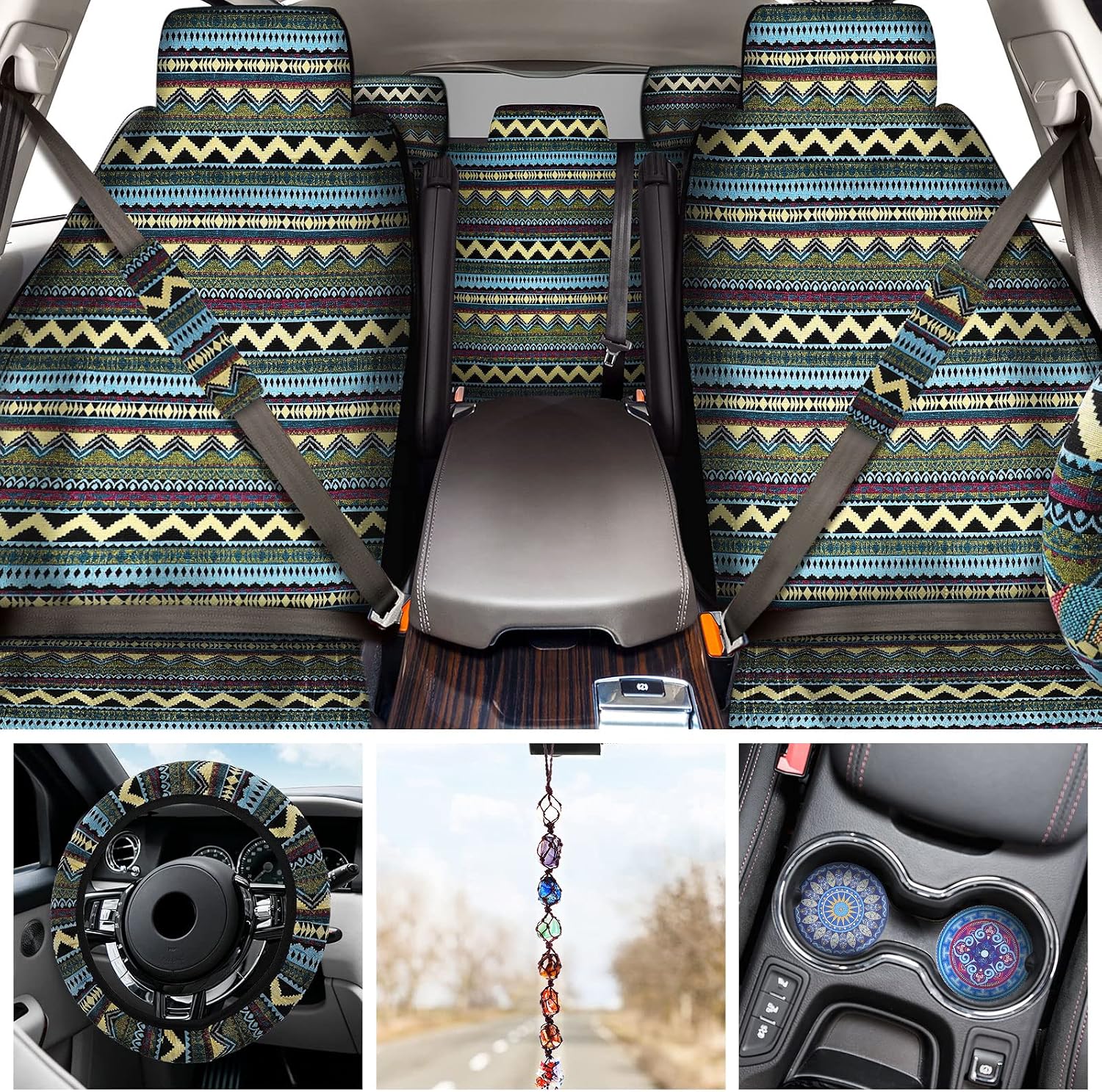 Frienda 14 Pcs Baja Car Seat Covers Full Set Multicolor Stripe Boho Print Steering Wheel Cover Seat Belt Cover Crystal Hanging Ornament Car Holders Fits (Bohemia Style)