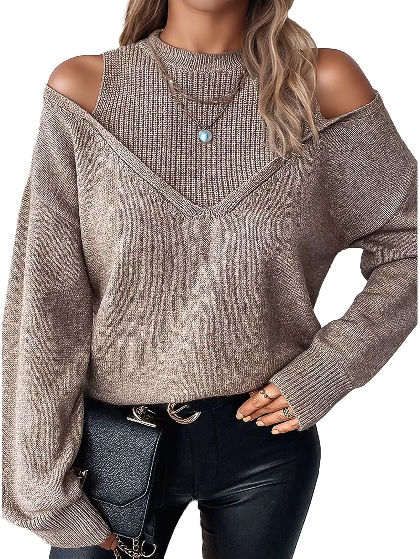 Flamingals Cold Shoulder Long Sleeve Sweaters for Women Sexy 2025 Fall Fashion Knitted Pullover Sweater Tops